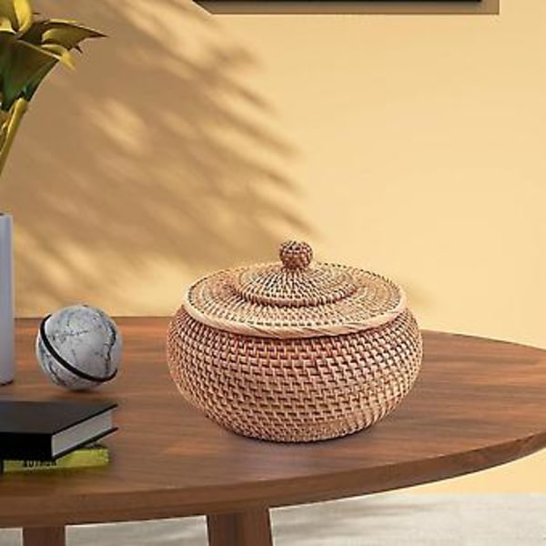 Rund Rattan Kasse, Frugtkurv i Flet med Låg Brødkurv Bakke Opbevaringskurv Pileflet Kurv F