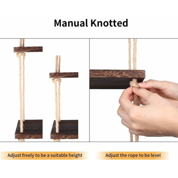 Trähängande hylla Trä fönsterhylla Rustik väggsvängningsförvaringsställ Jute rep Flytande hyllor Växter Foton Dekorationer Display för vardagsrum