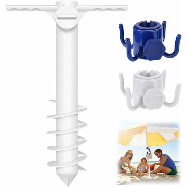 Screw-in Parasol Stand for Beach, with Two Hooks, Parasol Base, Spiral Parasol Holder, for Garden Balcony, Beach, for Pole 20-35 mm (White)