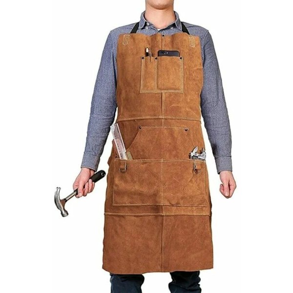 Leather Carpentry Apron, Work Apron with 6 Tool Pockets, Welder Apron for Men Women, Anti-Heat Flame Retardant Workshop Apron, Adjustable from M to