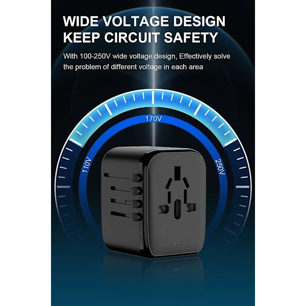 Matka-adapteri, universaali kansainvälinen 5-in-1, jossa 3,5 A 2xUSB-A ja 2xUSB C, seinälaturi ja maailmanlaajuinen verkkovirtapistoke Euroopalle, USA:lle, Iso-Britannialle ja Australialle