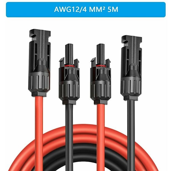 Solcellepanel forlængerkabel med han/hun stik til fotovoltaik - Til solpaneler og systemer - 1 par (AWG12/4 mm² 5m)