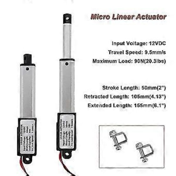 Mikro-lineær aktuator, 2 tommer slaglængde, 90N/20,3Lb, Hastighed 9,5 mm/S Elektrisk vandtæt aktuatormotor lineær aktuator 12V