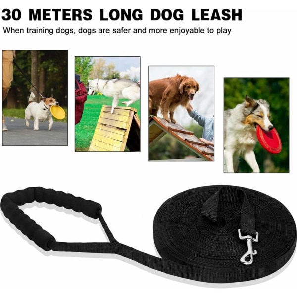 Hundetreningsbånd Hundelanyard Stropp Langt Bånd med Polstret Håndtak for Små til Store Hunder -30M, Svart