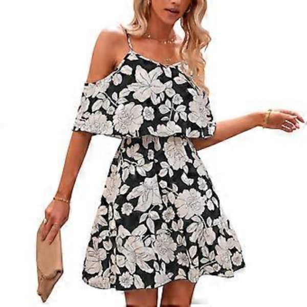Chic Sort Blomstrete Stroppekjole - Stilig Bar Skulder Elastisk Medium Midje Sommermote, L