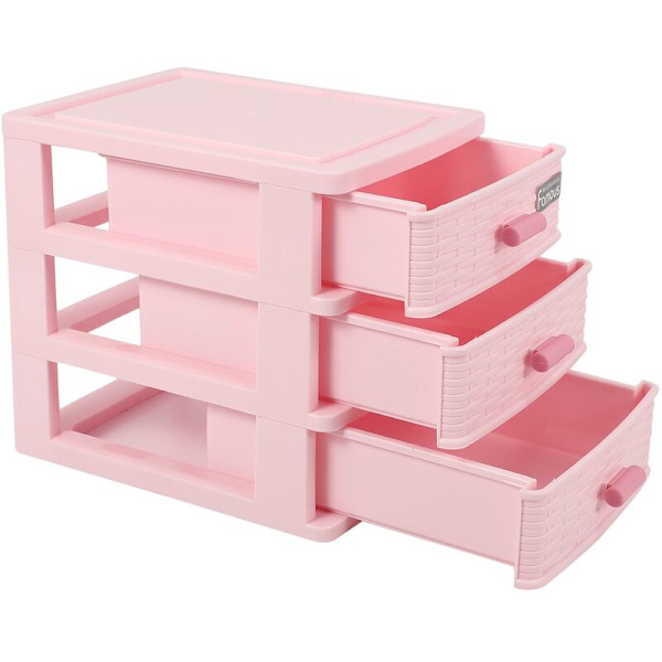 Plastlåda med 3 fack och låda, rosa