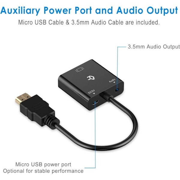 HDMI til VGA aktiv HDTV-adapter 1080p (han til hun) konverter med lyd til pc, skærm, projektor, HDTV, Xbox og mere