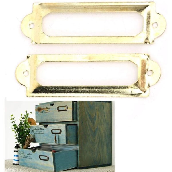 20 stk Etikettkortramme 60mm x 17mm Metall Etikettholder Kontor Arkivskap Skuffe Navnekort Skap Snekker Reparasjon Dekorasjon (Gul Bronse
