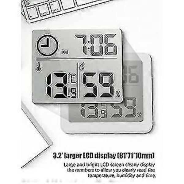 Digital (hvid) Termo-hygrometer Indendørs Rum Termometer Hygrometer 3.2 Stort LCD-skærm Skrivebords Termometer Med Temperatur- Og Fugtighedsmåler Met