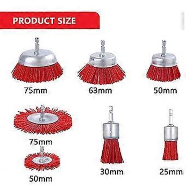 7 kpl Nylon Filament Hiomaharja Pyörö- ja Kuppiharjasetti 1/4 tuuman kuusiokannalla, Nylonsetti