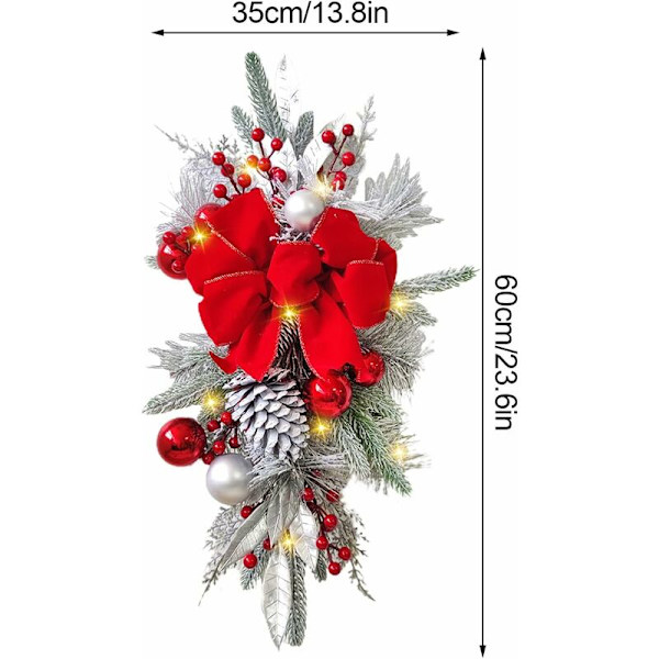 Dråpeformet julegirlander med lys, 60 cm, forhåndsopplyst juletregirlander, julepynt til trapper, julegirlander til inngangsdøren,