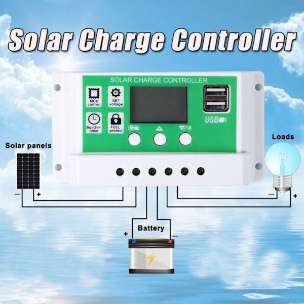 Solcellsladdningsregulator 100A 12/24V PWM Solpanel Regulator Batteriregulator Dubbel USB-port Justerbara parametrar LCD-display Timerinställning - 100