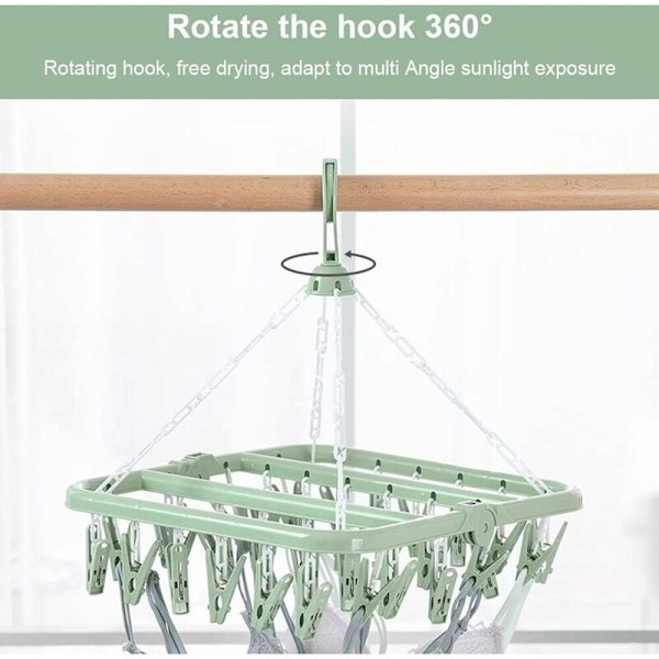 Sock Drying Rack med 32 klämmor Hängande torkställ Kan roteras och vikas 360¡ã Grön