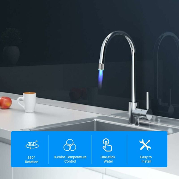 3-färgad LED-kran, duschhuvud med temperatursensor och färgväxling, kranvattenfilter med invändig gängadapter för kök