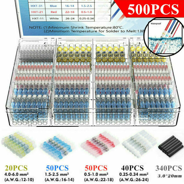 500Pcs Electrical Terminals Solder Heat Shrink Tubing, Heat Shrink Solder Butt Seal Electrical Connectors Insulated Waterproof Marine Automotive Cop