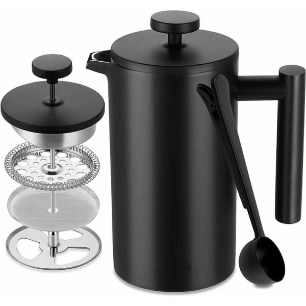Stainless Steel French Press, 1 L Double Wall Insulated Coffee Press, Inner Wall with Cautèle, with 5 Coffee Filters and Measuring Spoon, 7-8 Cups,