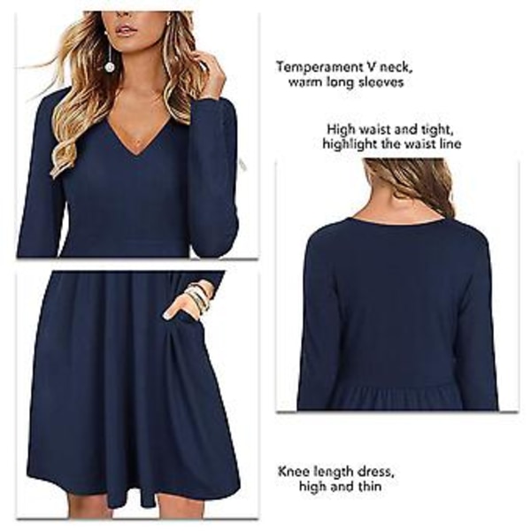 Klänning Hög Midja V-ringning Långärmad Draperad Figurnära Enfärgad Knälång Klänning för Kvinnor Mörkblå XL