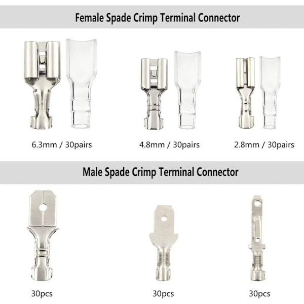 270 stk elektriske terminaler, T-kontakt ledningskontakt, hann-hunn spade ledningskontakter crimp terminalblokk med isolerende hylse 2,8 mm 4,8 M