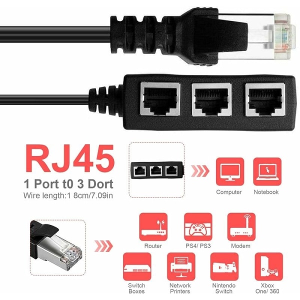 Rj45 Ethernet Splitter-kabel, Ethernet Lan Network Extension Cable Adapter Rj45 hann til 3 hunn Splitter for Super Cat5, Cat5E, Cat6, Cat7 Lan Ethernet