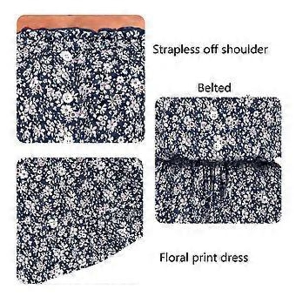 Trendy Mørkeblå Stropløs Off Shoulder Kjole - Moderigtigt Blomsterprint Sommerbeklædning, L