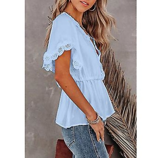 Bluse med volanger, korte ermer, V-hals, heklet blondekant, elastisk midje, peplum og knyting bak, for hverdagsbruk, jobb, shopping, date, blå S