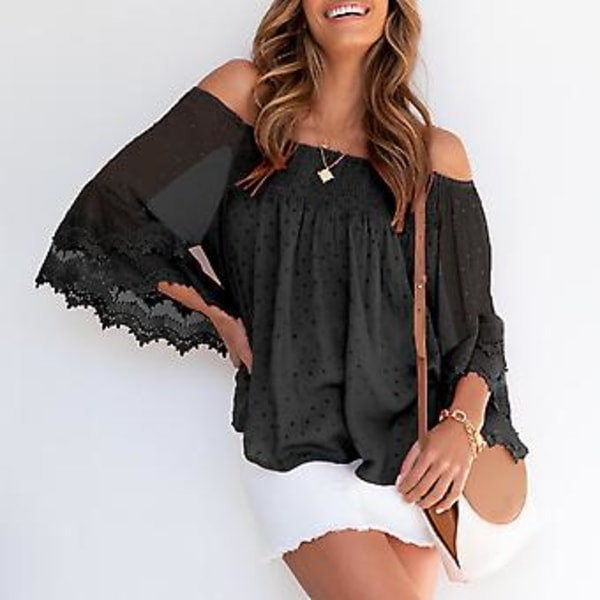 Dame Off Shoulder Topp 3/4 Bell Ermer Løs Passform Elastisk Halslinje Fôr Inni Sommer Bluse Svart XL