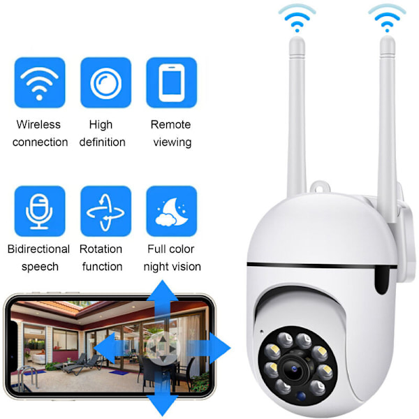 PTZ-langaton ulkovalvontakamera WiFi, 1080P vedenpitävä 360° langaton IP-kamera, värillinen yökuvaus, kaksisuuntainen ääni