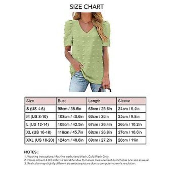 Sommer V-hals Puff Erme T-skjorte Dame Løs Casual Sveitsisk Prikk Kort Erme Bluse Topper for Dating Grønn L