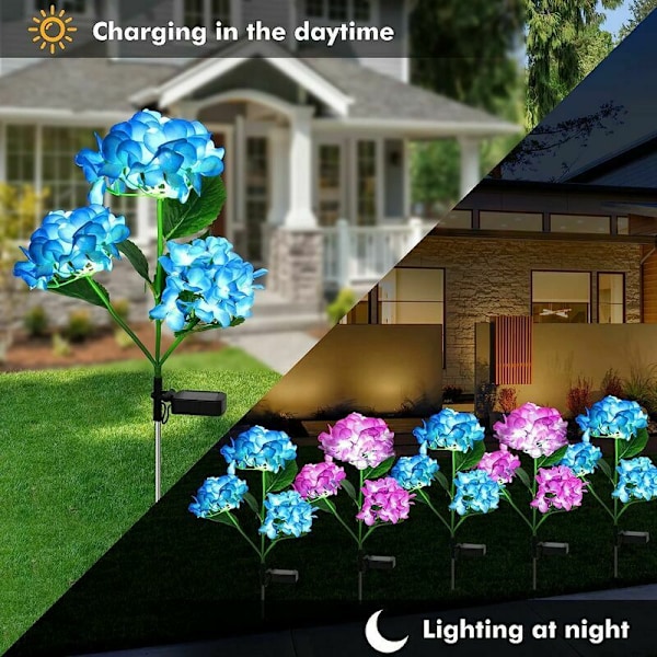 Solar String Lights 2 Pack Solar Garden Lights med 3 Hortensia Blomster, Dekorative Vanntett Kunstige LED Solar Lights for Patio, Yard, Garden (