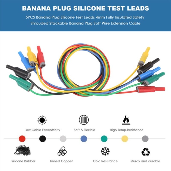 5 kpl banaaniliittimen silikoniset testijohdot 4 mm täysin eristetyt turvallisuuskäärityt banaaniliittimen pinottava pehmeä jatkojohto