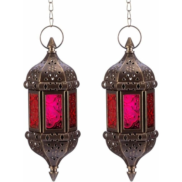 Moroccan Hanging Candle Lantern Candle Holders 2 Pieces Metal and Glass Brown Ramadan Lamp Decorative Candle Lanterns for Living Room Balcon