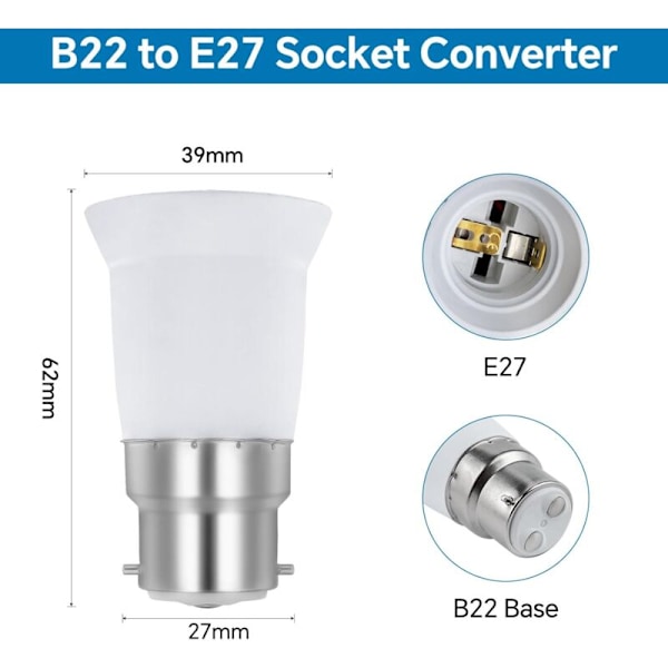 B22 till E27 sockeladapter, B22 till E27 bajonett sockelomvandlare för LED glödlampa halogen glödlampa sockel basadapter, 6 stycken
