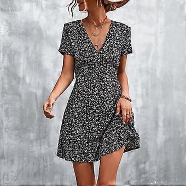 Trendig Svart Blommig Klänning med V-ringning - Luftig Volangkant Casual Strand Sommar Outfit, XL
