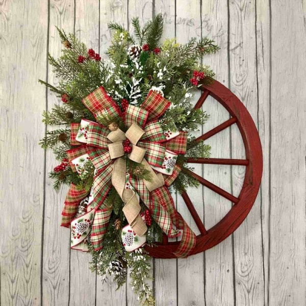 Juledekorationer - Julekrans til hoveddøren, vinterkrans - Farm Wagon Wheel Wreath, boligindretning til udendørs, indendørs, rev, vind