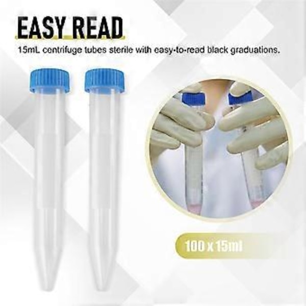 100 st Koniska Centrifugrör 15 ml med Skruvlock, Graderade och Märkta Lab Testbehållare
