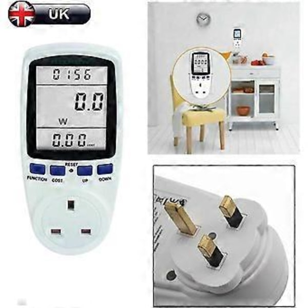 Elförbrukningsmätare, elmätare för strömförbrukning, energimätare med timer, watt Kwh-analysator, plug-in med LCD-display för hem och hotell