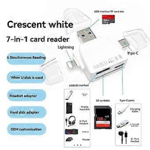 7 i 1 Kortläsare Multifunktionell Universell Telefon Datoradapter SD-Kortläsare TF U Disk Typ-C Adapter Vit