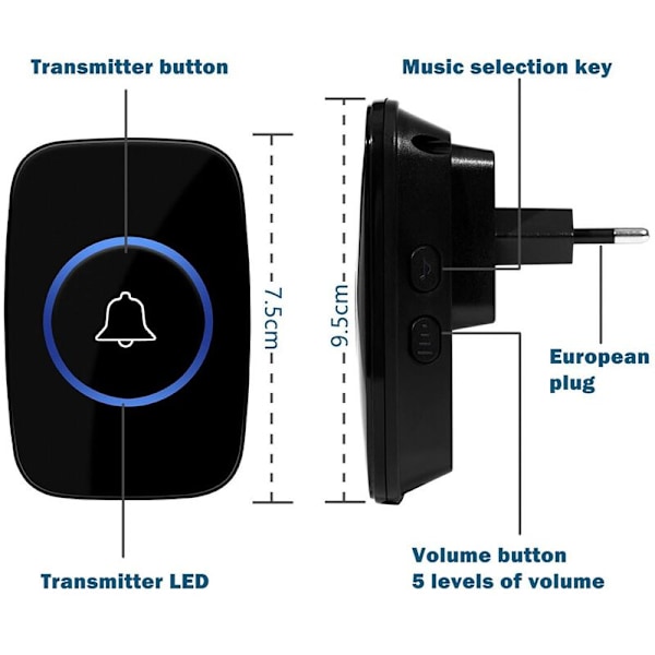 Trådløs dørklokke, 300 meter ringeklokke IP44 vanntett, ringeklokkesett med plugg-inn-mottakere for hjem 5 volumnivåer, blå LED