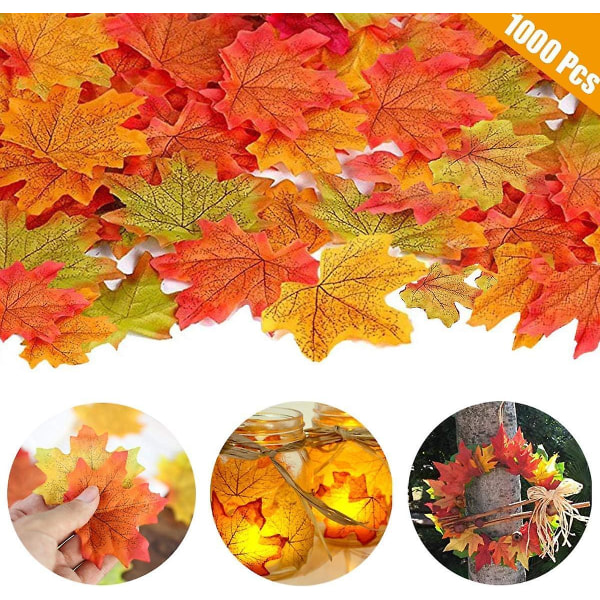 1000 Kunstige Lønneblader for Thanksgiving Fall, Falske Blader for Bryllupsfester, Innendørs og Utendørs Bordsdekorasjon (flerfarget)
