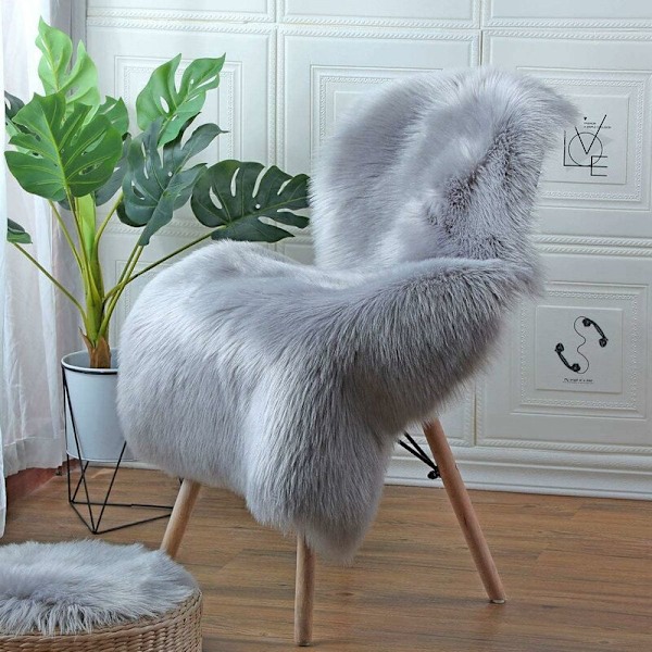 Faux pälsfårskinn matta (60 x 90 cm) Faux fleece stolöverdrag sittdyna mjuk fluffig lurvig matta för sovrum soffa golv (grå, 60 x 9
