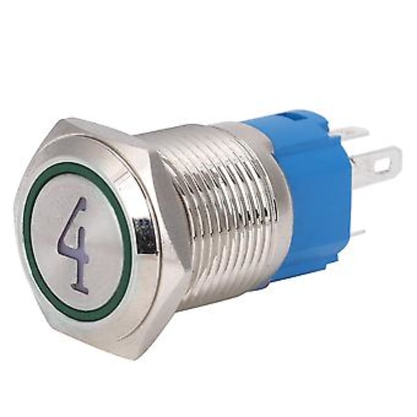 2 st 5-stifts metall tryckknappsbrytare 16mm platt huvud självåterställande brytare med ljus, 24VDC grön, Nummer 4, hållbar & vattentät