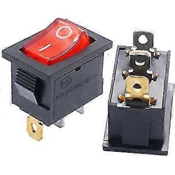 10 stk. vippekontakt med rødt lys, belyst tænd/sluk SPST 3 ben 2 positioner KCD1 Snap AC 250V/10A 125V/12A KCD1-2-101N-R