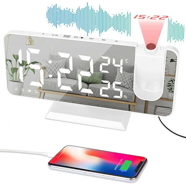 180  Takprojektionsväckarklocka - Elektrisk digital klocka Snooze-funktion, 12/24H, Justerbar volym Modern lyxväckarklocka för hemmet med USB-kontakt Vit