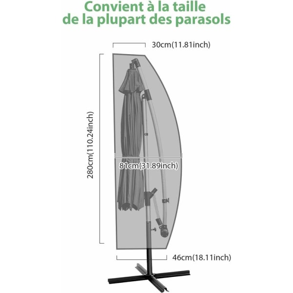 Vattentätt, vindtätt, UV- och reptåligt parasollskydd av 210D Oxford-tyg, extra stort, med dragkedja, 280 cm: 30 x 81 x 45 cm