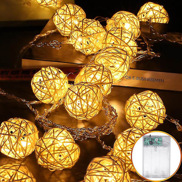Paristokäyttöinen 20 LED-valosarja, 16,4 jalkaa 20 Globe Rattan Balls Jouluvalo, Sisätilojen keijusarjavalot Koristeellinen makuuhuoneeseen