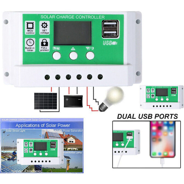 Solcellsladdningsregulator 100A 12/24V PWM Solpanel Regulator Batteriregulator Dubbel USB-port Justerbara parametrar LCD-display Timerinställning - 100