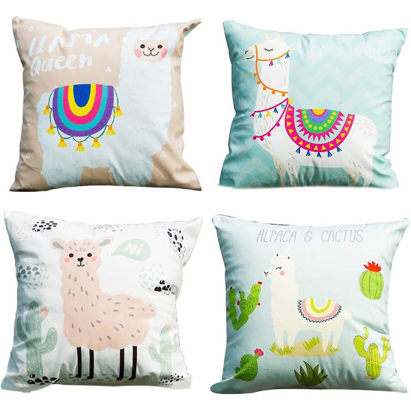 4 X Alpaca kuddfodral, Kawaii Cartoon Lama Print case, alpacka soffa dekorativt cover