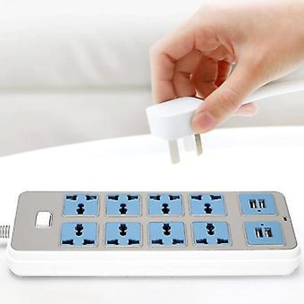 Grenuttak med 4 USB-porter, 3000W, 8 universelle uttak, 2 meter ledning, EU-plugg