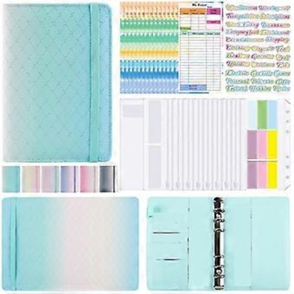 A6 Gradient Macaron Binder Hånd Ledger Notesbog Læder PU Løsbladet Bog Kontant Budget Bog med Lynlåspose, Grøn