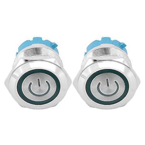 2 kpl Painikekytkin Litteä Pää Itsepalautuva IP65 220VAC 22mm 4-nastainen Kytkin Valolla (Vihreä)